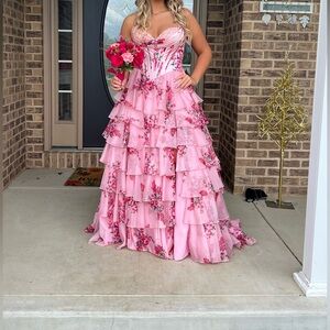 Sherri Hill Pink Floral Layered Prom Dress
